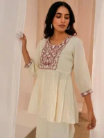 Off White Yoke Design Cotton A-Line Kurti - Image 2