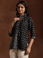 Black Printed Cotton Straight Kurti - Image 3