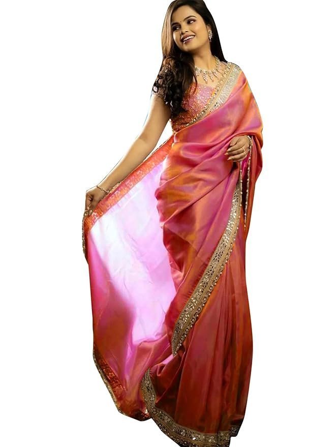 611hjBDRHuL._SY879_.jpg Women's Tissue Embellished Lace Work Saree with Unstitched Blouse Piece - Image 1