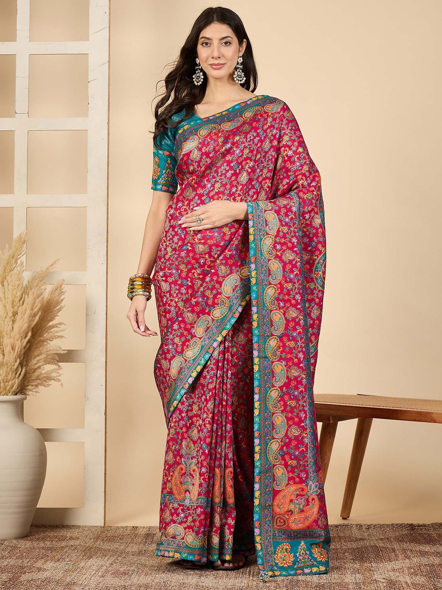 6a4488fMSTANI171AHSPink_1.jpg Pink Woven Viscose Saree with Unstitched Blouse - Image 1