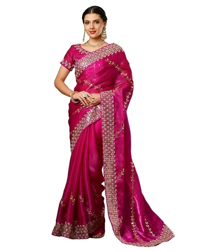 71b3dhkFIwL._SX679_-1.jpg Women's Tissue Silk Sequence Embroidery Scalloped Border Saree With Unstitched Blouse Piece - Image 1