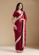 Wine Zariwork (Silver) Chiffon Saree - Image 4